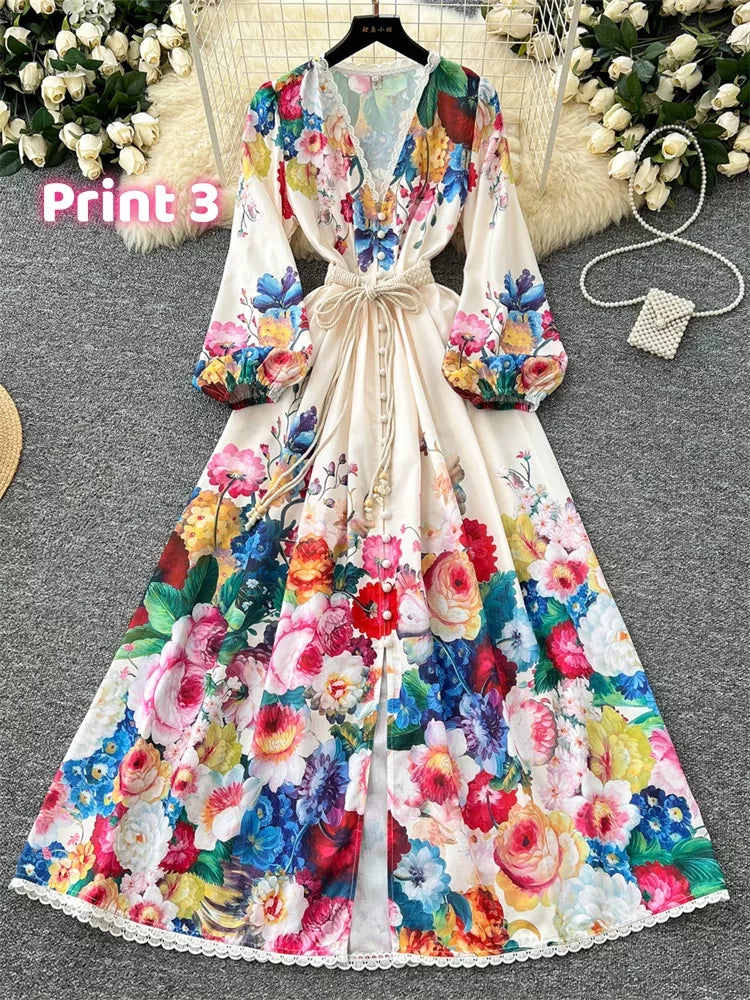 Maxikleid im französischen Stil mit V-Ausschnitt, Spitzenbesatz und Blumenmuster für Damen