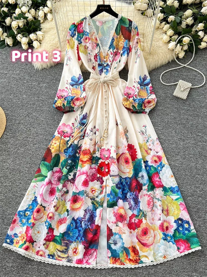 Maxikleid im französischen Stil mit V-Ausschnitt, Spitzenbesatz und Blumenmuster für Damen