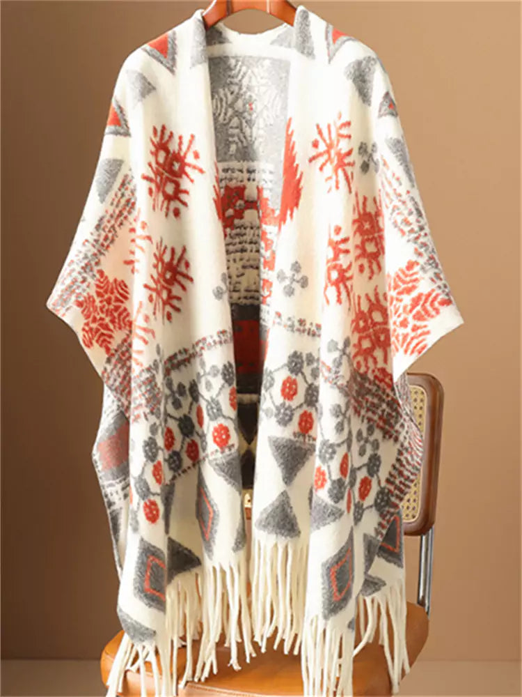 High-End Color Block Plaid Wool Shawl with Tassels