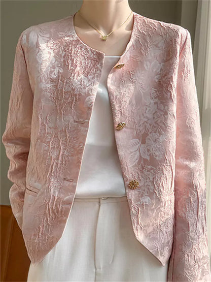 Elegante aprikosenfarbene Jacquard-Jacke mit Rundhalsausschnitt und orientalischem Design