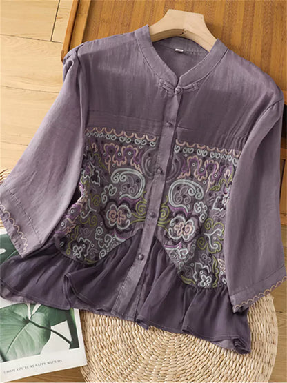 Leichtes, besticktes Ramie-Sommerhemd im chinesischen Stil für Damen