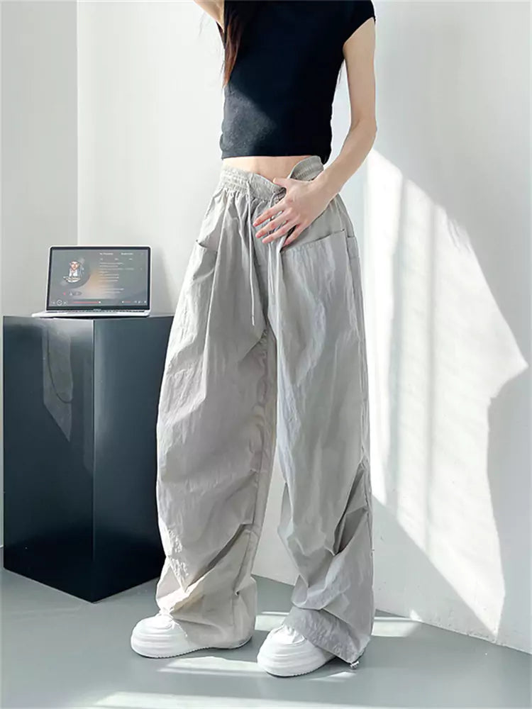 Wide-Leg Summer White Ice Silk High-Waist Loose Cargo Pants for Women