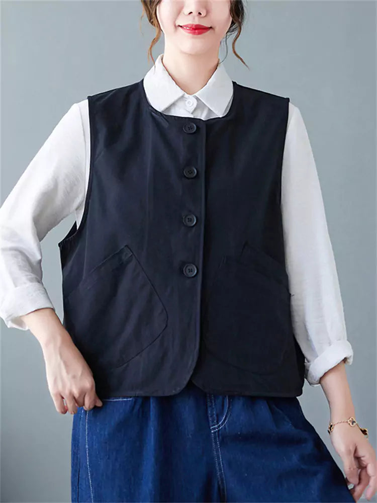 Plus Size Solid Color Casual Vintage Utility Vest for Women