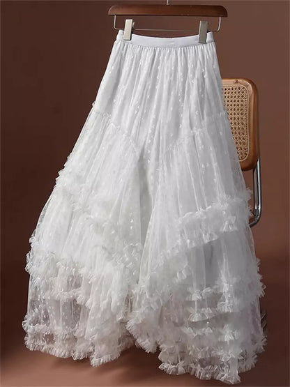 Fairycore Stufen-Maxirock aus Mesh in Übergröße mit Jacquard-Herzen