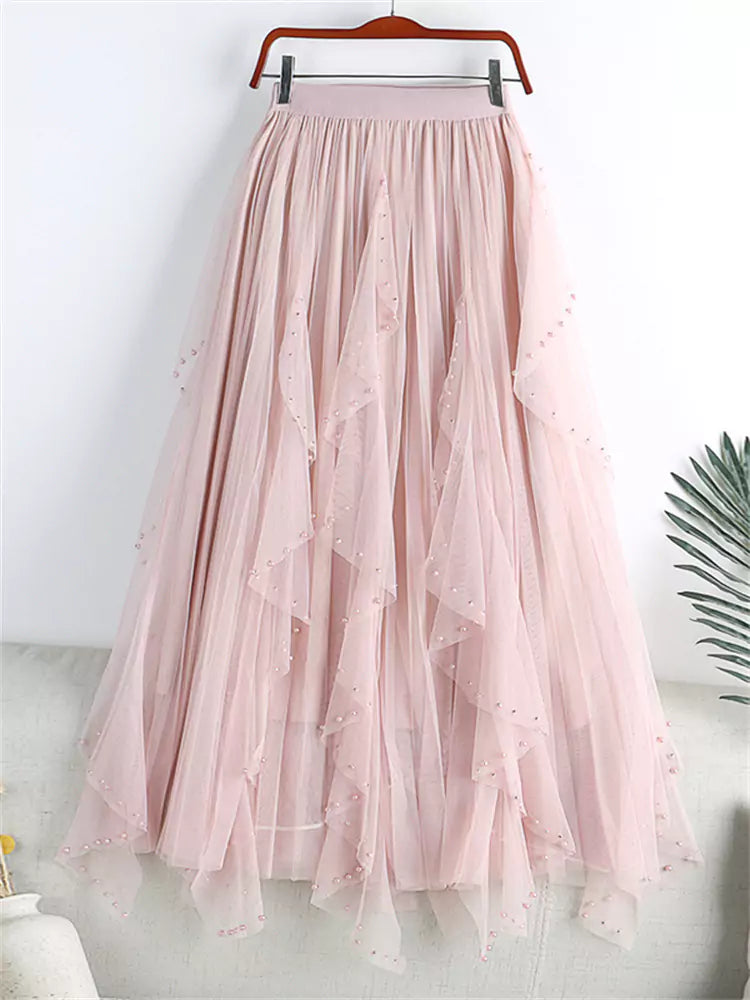 High Waist A-Line Pleated Plus Size Tulle Skirt with Pearl Embellishments