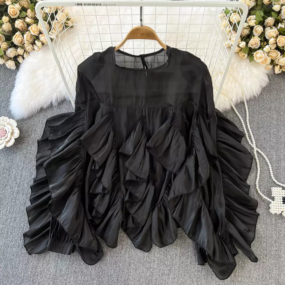 Stylish Elegant Ruffle Trim Round Neck Loose Long Sleeve Blouse for Women