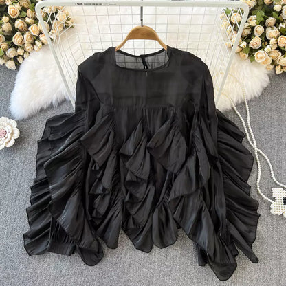 Stilvolle, elegante Bluse mit Rüschenbesatz, Rundhalsausschnitt, lockerem Schnitt und langen Ärmeln für Damen