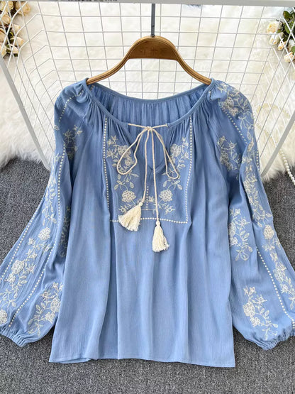 Vintage rote Babydoll-Bluse im Boho-Stil mit Stickerei und langen Ärmeln für Damen