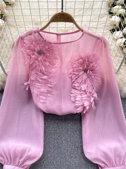 Französische 3D-Blumenbluse mit Puffärmeln und schmaler Passform für Damen