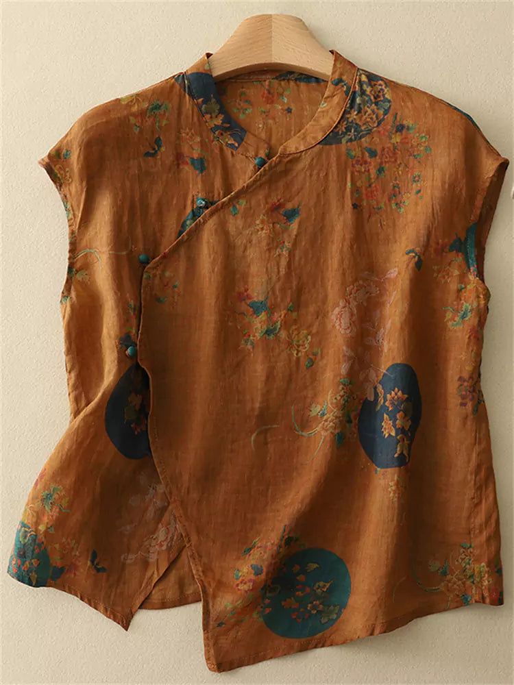 New Chinese Style Asymmetrical Placket Cotton Linen Blouse
