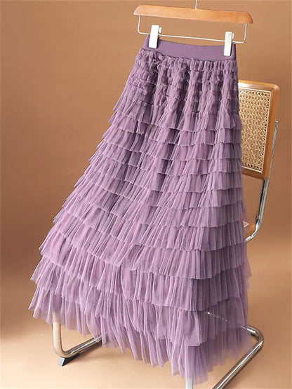 Eleganter, aprikosenfarbener, hochwertiger, mehrlagiger A-Linien-Rock aus Mesh für Damen