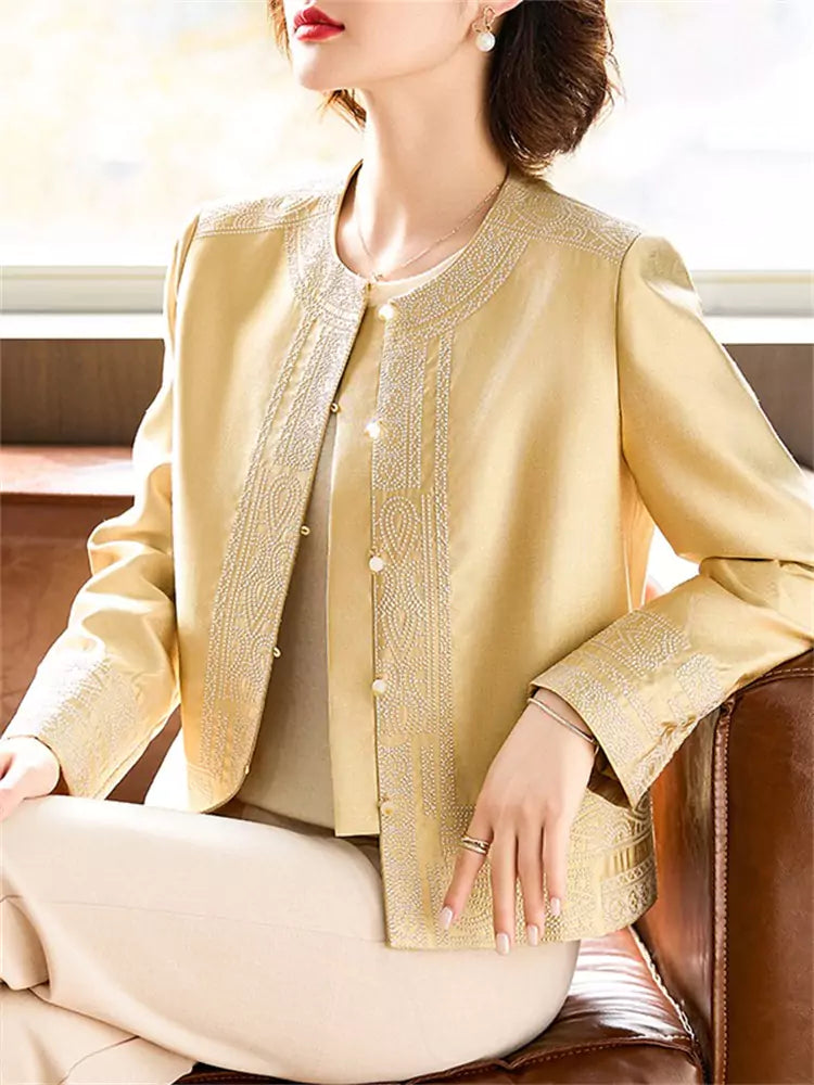 Vintage Jacquard Mulberry Silk Round-Neck Jacket for Women – Retro Tang-Style Top