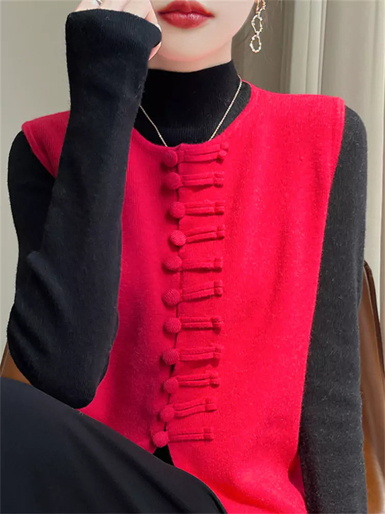 Nuevo chaleco de punto estilo chino color camello para mujer, otoño/invierno, sin mangas, holgado, con cierre de botón de rana