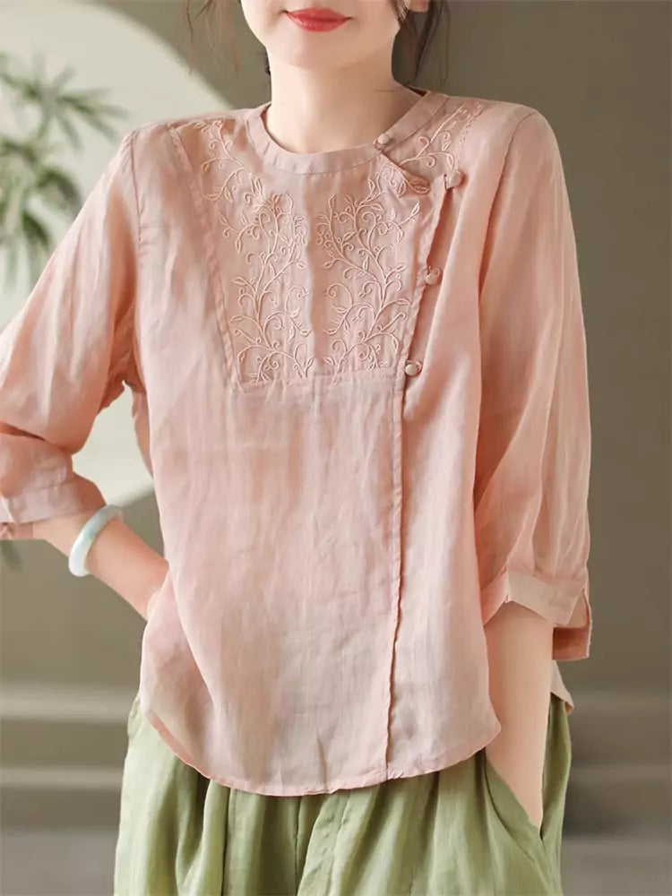 Vintage Chinese Style Green Asymmetric Placket Embroidered  Ramie Top for Women