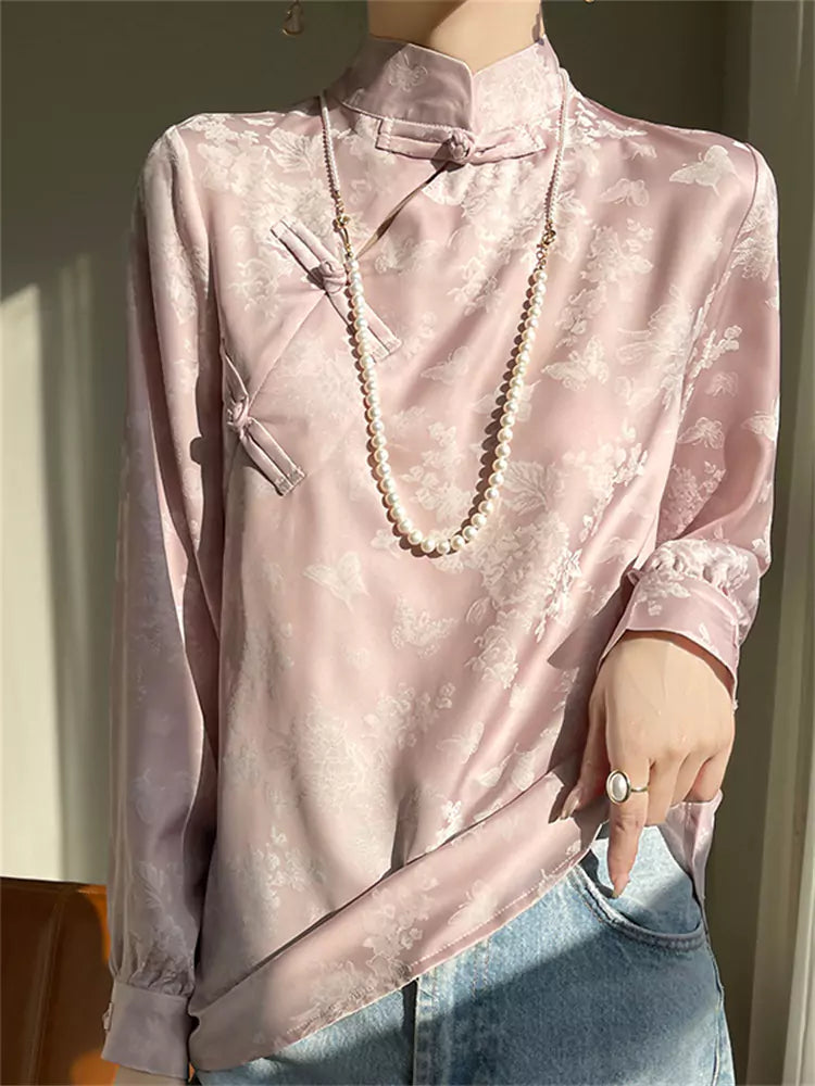 New Chinese Style Turquoise Green Jacquard Satin Blouse for Women