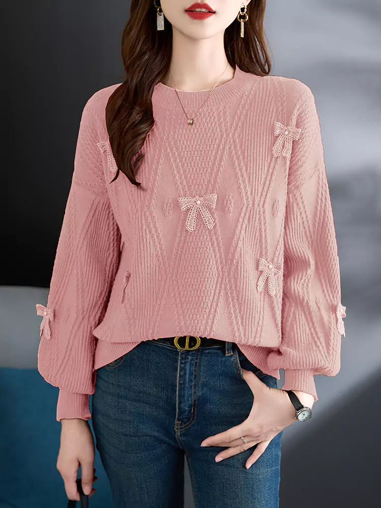 Damen-Strickpullover mit roter Schleife – Kurzer Pullover für Herbst und Winter