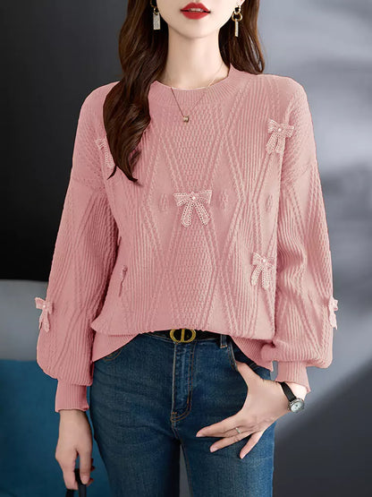 Damen-Strickpullover mit roter Schleife – Kurzer Pullover für Herbst und Winter