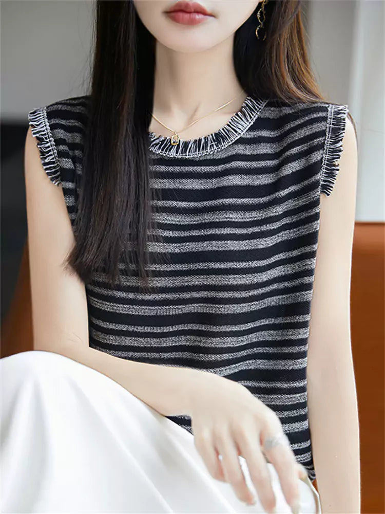 Striped Short Sleeve Ice Silk Knit T-Shirt for Women