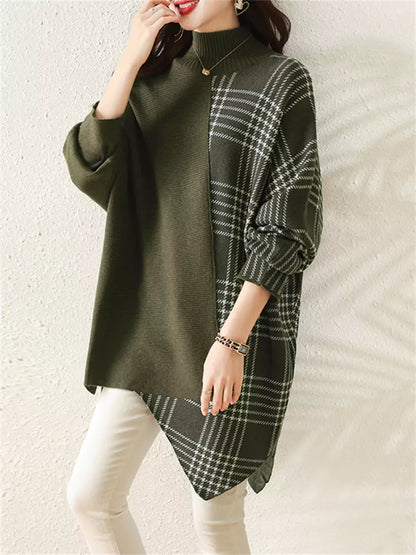 Damen-Rollkragenpulloverkleid mit asymmetrischem Karomuster – mittellang, dick gefüttert, lässiger Herbst-Winter-Stil