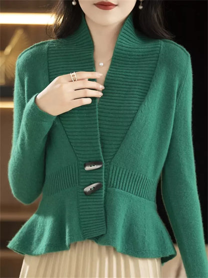 Cárdigan de punto verde con cuello en V para mujer: elegante chaqueta informal tipo suéter