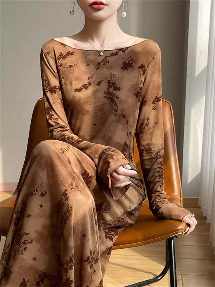 Vintage langes Damenkleid aus Mesh-Flock