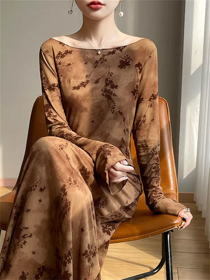 Vintage langes Damenkleid aus Mesh-Flock