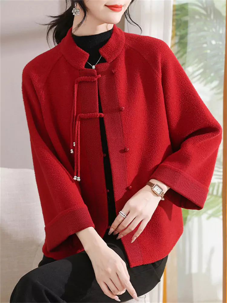 Grüner Stehkragenmantel mit Mandarin-Knopfleiste für Damen