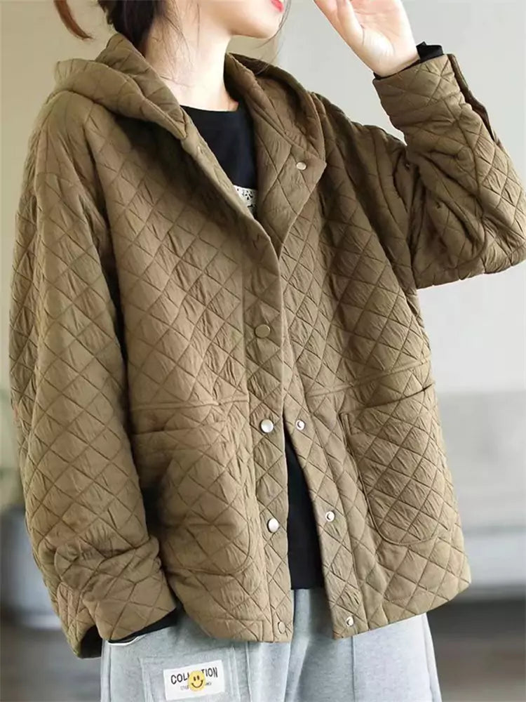 Orangefarbene, wattierte Baumwolljacke mit Kapuze für Damen