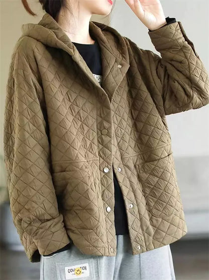 Orangefarbene, wattierte Baumwolljacke mit Kapuze für Damen