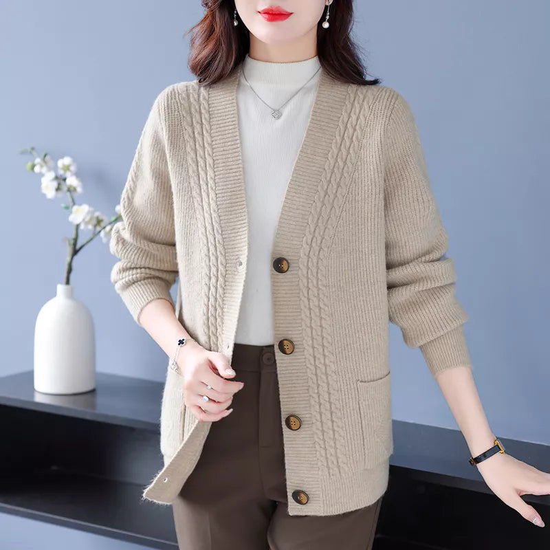 Elegante cárdigan de punto con cuello en V en color liso para mujer