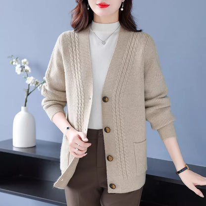 Elegante cárdigan de punto con cuello en V en color liso para mujer