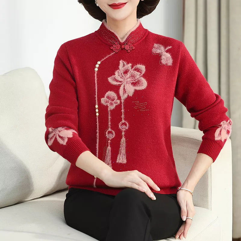 Camel Stand Collar Printed Knit Sweater for Women