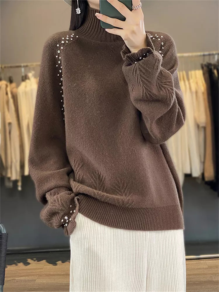 Embellished Mock Neck Knit Sweater for Women