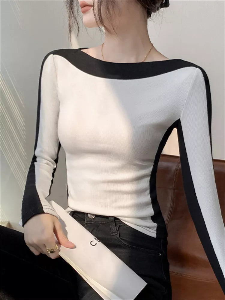 Colorblock Slash Neck Long Sleeve Slim Fit Top for Women