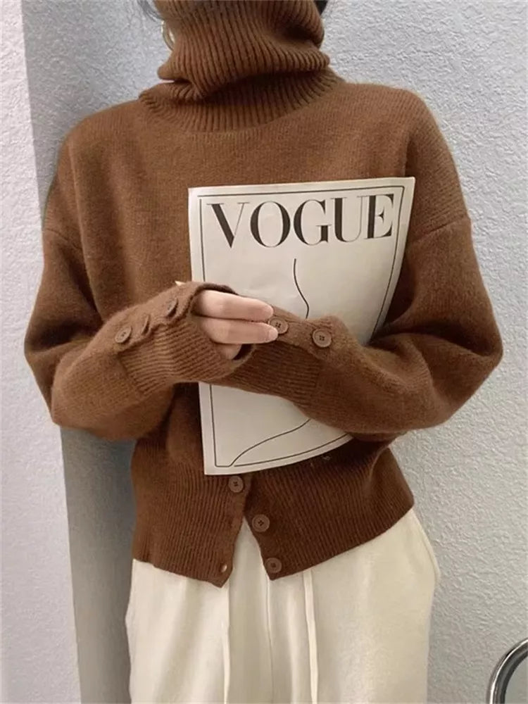Women’s French Style High-Neck Pullover Sweater with Button Front Slit