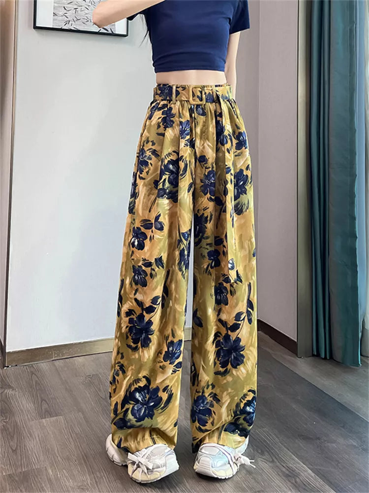 Pantalones anchos de cintura alta con estampado rosa para mujer 