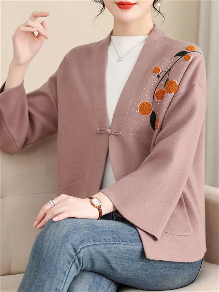 Cárdigan de punto con estampado amarillo de moda para mujer con botones tradicionales de rana