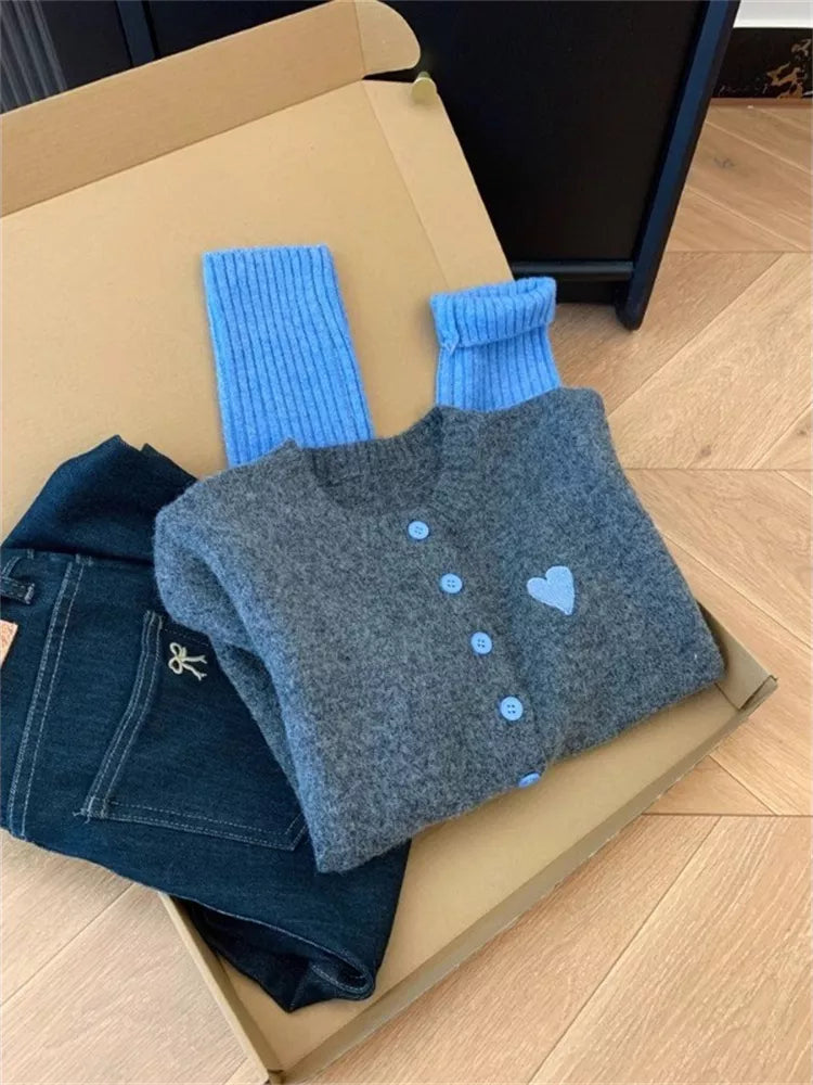 Women's Soft Contrast Color Block Knitted Cardigan with Heart Accent