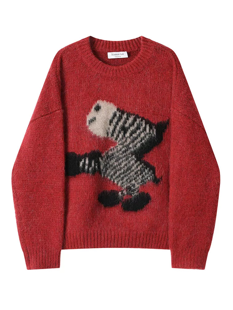 Women's Gray Fuzzy Knit Sweater with Abstract Zebra Graphic