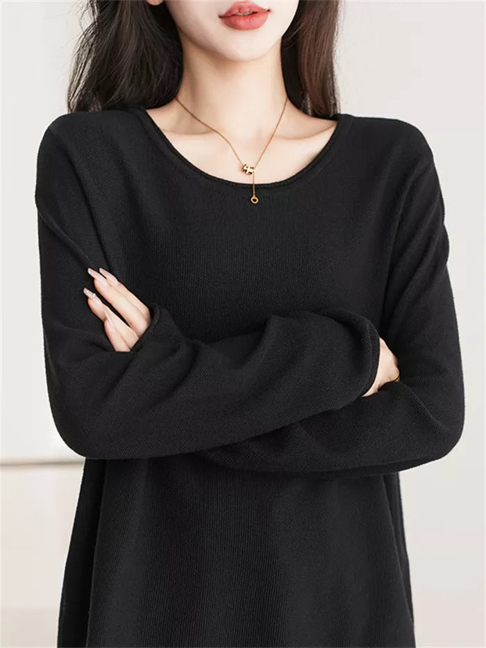Women's Gray Cotton Crew Neck Long Sleeve Casual Top