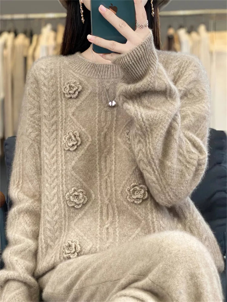 Handcrafted Beige Embroidered Pure Wool Sweater for Women