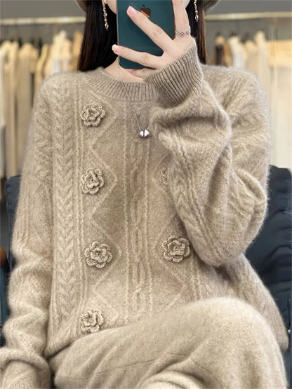 Handcrafted Blue Embroidered Pure Wool Sweater for Women