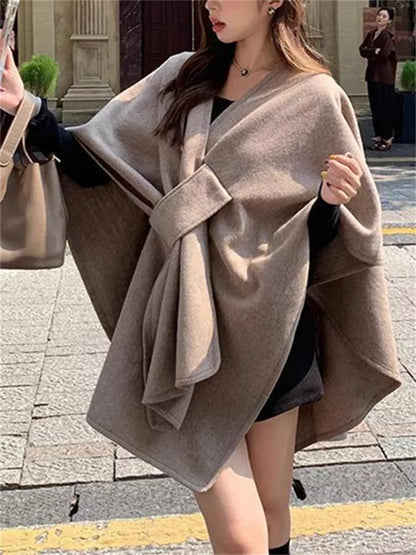 Women's Elegant Charcoal Grey Knotted Front Poncho Cape