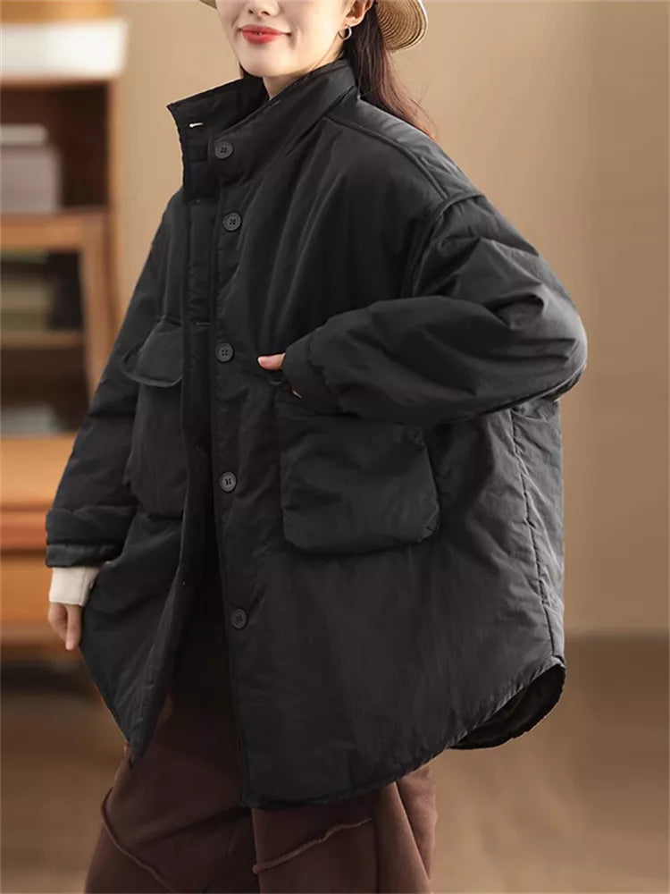 Women's Oversized Cargo Padded Jacket Stand Collar Windproof with Large Pockets