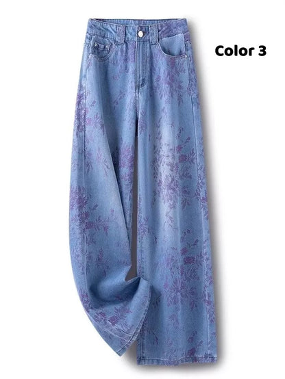 Women's Artistic Pink Abstract Jacquard Wide Leg Jeans High Waist Loose Straight Denim Pants