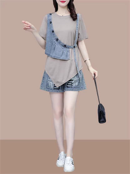 Modisches Kurzarm-T-Shirt mit asymmetrischem Patchwork-Muster in Zweiteiler-Optik für Damen