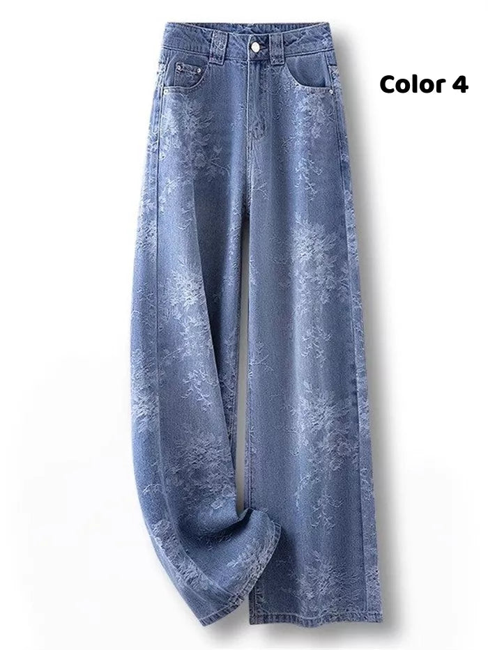 Women's Artistic Pink Abstract Jacquard Wide Leg Jeans High Waist Loose Straight Denim Pants