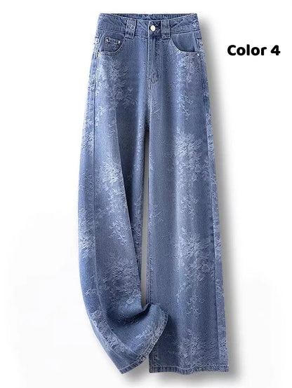 Women's Artistic Pink Abstract Jacquard Wide Leg Jeans High Waist Loose Straight Denim Pants