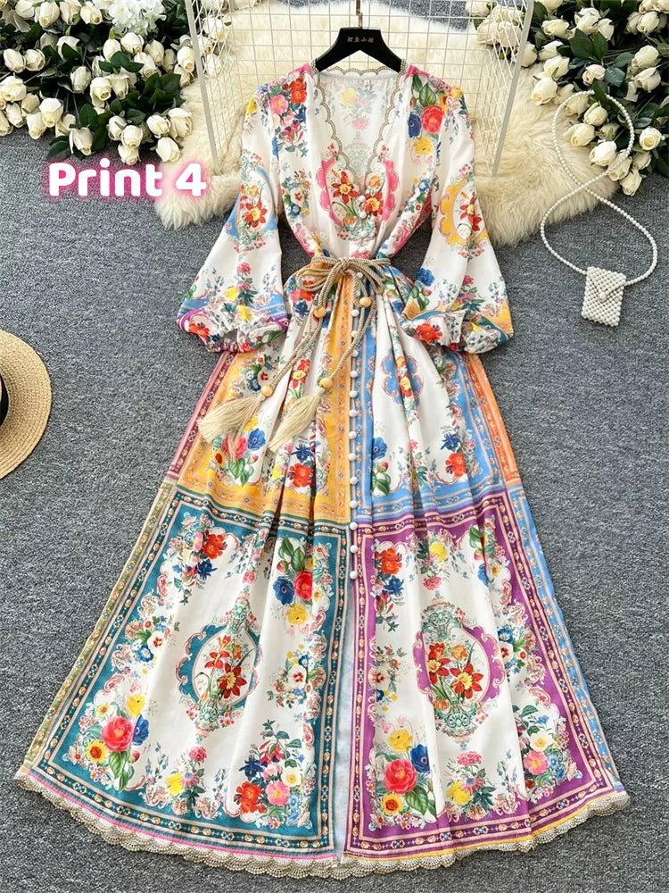 Maxikleid im französischen Stil mit V-Ausschnitt, Spitzenbesatz und Blumenmuster für Damen