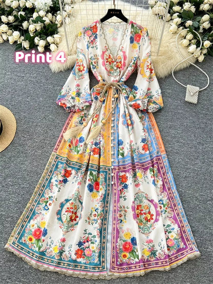 Maxikleid im französischen Stil mit V-Ausschnitt, Spitzenbesatz und Blumenmuster für Damen